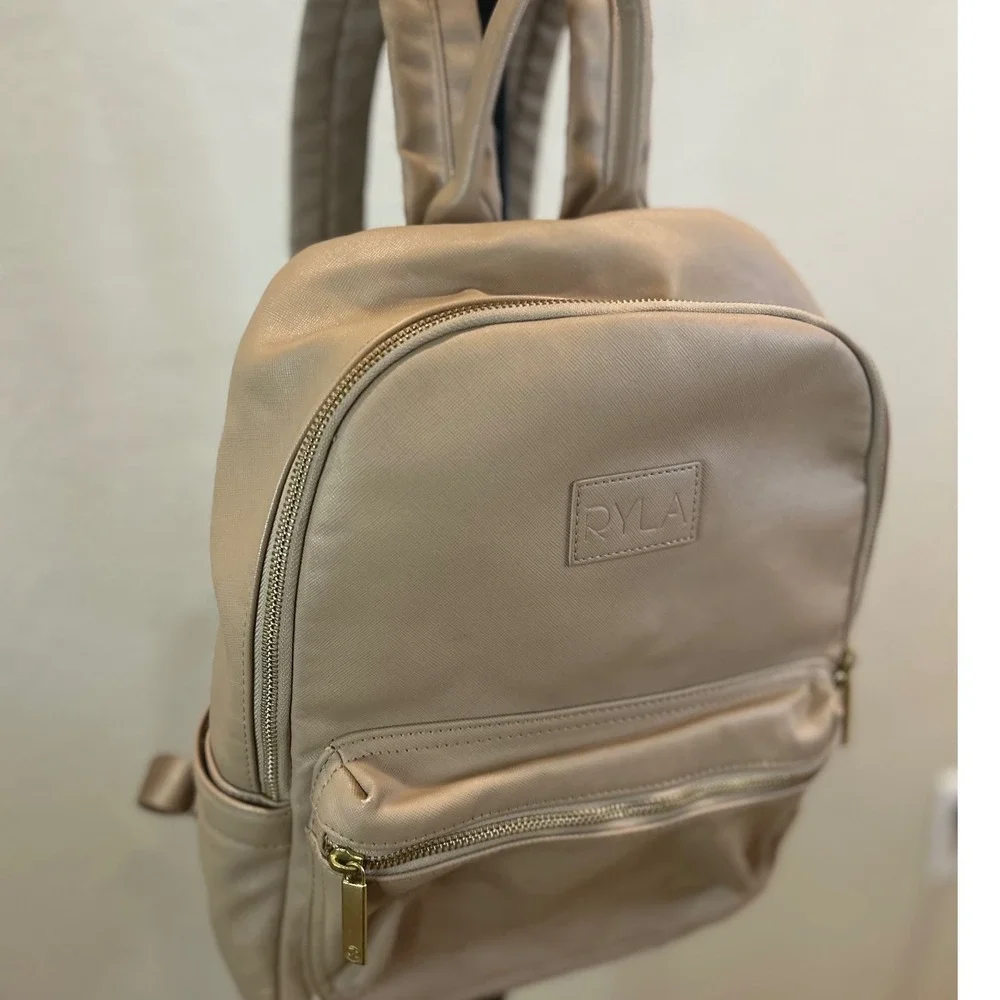 RYLA Baby Bag Taupe Faux Leather Gold Zipper Front‎ Pocket Mini